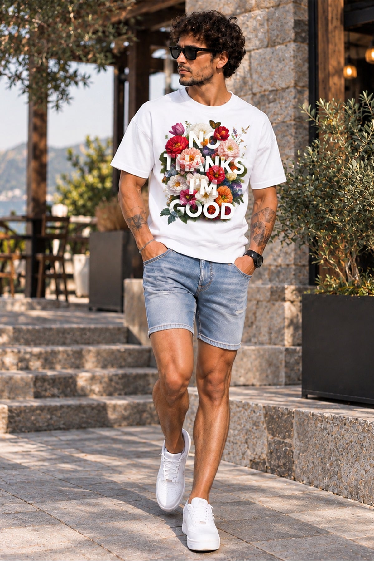 No Thanks I’m Good Floral Oversize Tişört