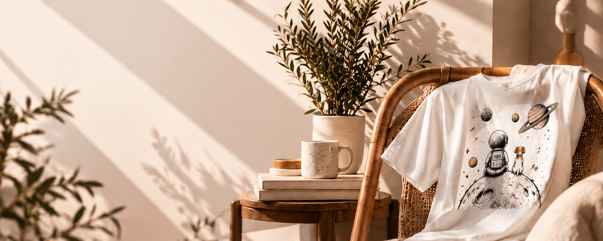A cream Your Smith Studio T-shirt hanging on a wooden chair, with a plant and a coffee cup